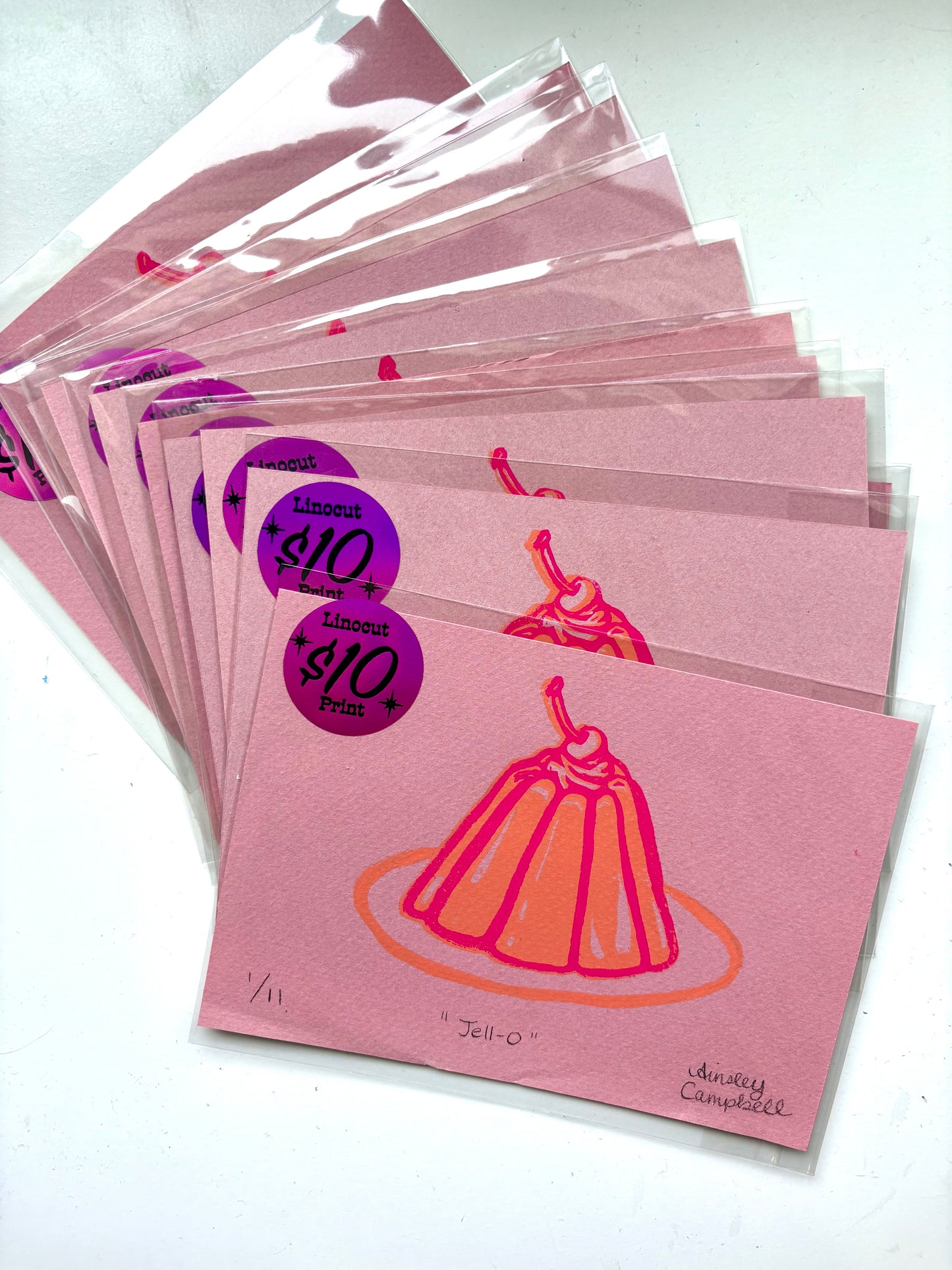 "Jell-O" linocut print - pink paper
