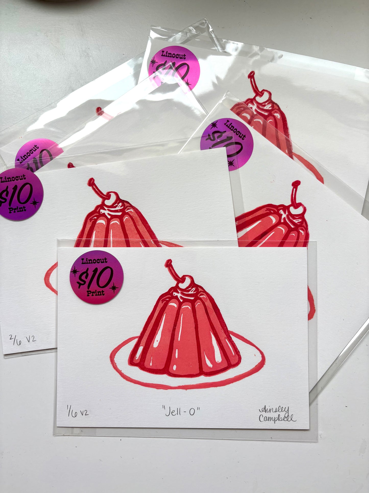"Jell-O" linocut print - white paper